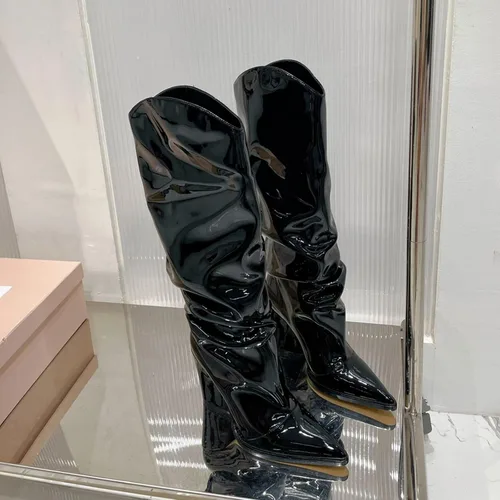 Miniatura 16 de Vertundy Botas altas hasta la rodilla metálicas con punta puntiaguda para mujer, botas altas de tacón alto de charol plisadas, botas largas plisadas