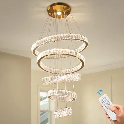 Miniatura 10 de Lámpara candelabro LED de cristal grande, moderna de 5 anillos, luz colgante ajustable para dormitorio, comedor, cocina (blanco cálido).