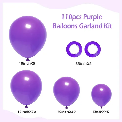 Miniatura 2 de FOTIOMRG - Kit de guirnalda de arco de globos morados, 110 piezas, globos de látex morados de diferentes tamaños de 18, 12, 10 y 5 pulgadas