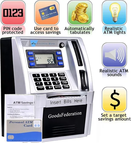 Miniatura 2 de Alcancía estilo cajero automático para dinero real para niños y adultos, alcancía de juguete con tarjeta, contraseña, reconocimiento de monedas