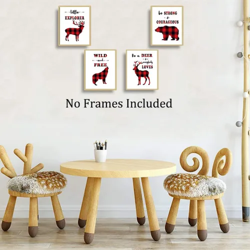 Miniatura 3 de TANXM 4 piezas de arte de pared de bosque a cuadros rojos y negros, impresiones de citas de aventuras salvajes con ciervo, oso lobo, decoración