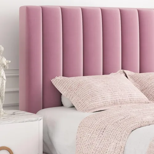 Miniatura 3 de Allewie - Base de cama tamaño Full con cabecera acolchada tapizada en terciopelo y diseño acanalado vertical; plataforma de cama con resistentes Rosa