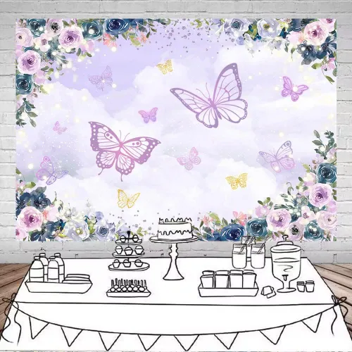Miniatura 2 de Mocsicka Fondo de mariposa violeta - Fondo de decoración de fiesta de niña floral púrpura - Boda, cumpleaños, baby shower - 6 x 4 pies