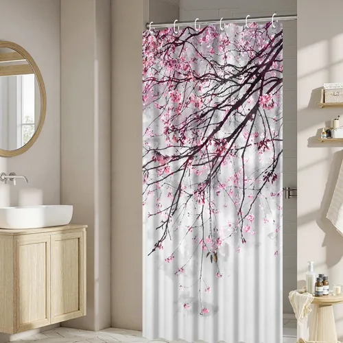 Miniatura 19 de Cortina de ducha japonesa con flores de cerezo blanco, pétalos que caen, decoración de fondo rosa, tela impermeable, cortina de baño floral