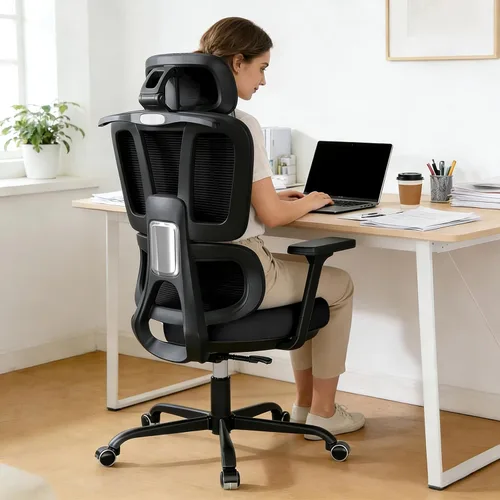 Miniatura 7 de Silla de oficina con respaldo alto, silla de escritorio de malla, silla ergonómica para computadora con reposacabezas, reposabrazos ajustables 3D