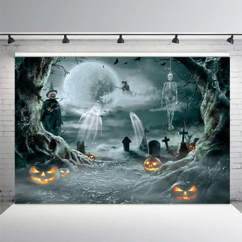 MEHOFOND Telón de fondo de calabaza de Halloween de 7 x 5 pies para fotografía, bosque de terror, luna llena, noche de cementerio, fondo de