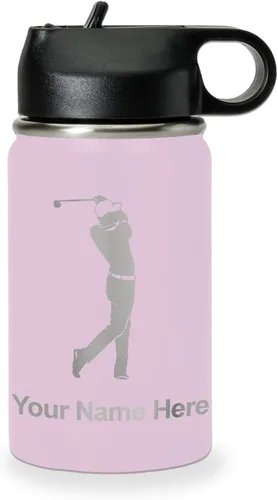Miniatura 21 de LaserGram Botella de agua personalizada, golfista de golf, acero inoxidable de doble pared aislada al vacío con popote superior, regalo grabado Negro