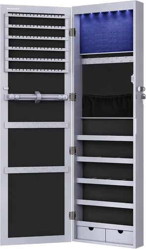 Miniatura 26 de Songmics - UJJC93W - Armario para joyas que se puede cerrar con llave, de montaje en pared o puerta, con espejo de 6 luces LED, para organización