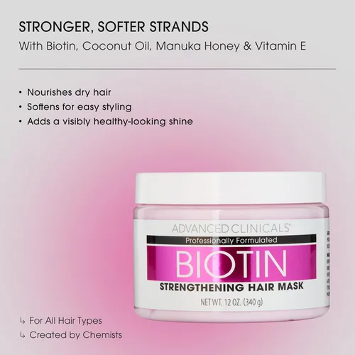 Miniatura 2 de Advanced Clinicals Biotin - Mascarilla reparadora antiroturas para el cabello, fortalece el cabello roto y teñido con acondicionador profundo