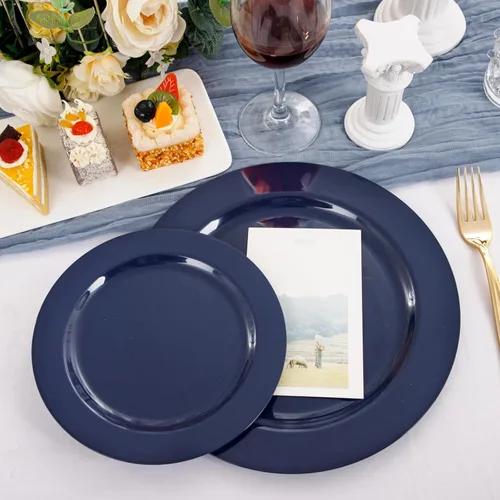 Miniatura 5 de FLOWERCAT 100 platos de plástico azul – Platos desechables azules resistentes para conmemoración/fiesta de cumpleaños/graducación – Incluye 50 Azul