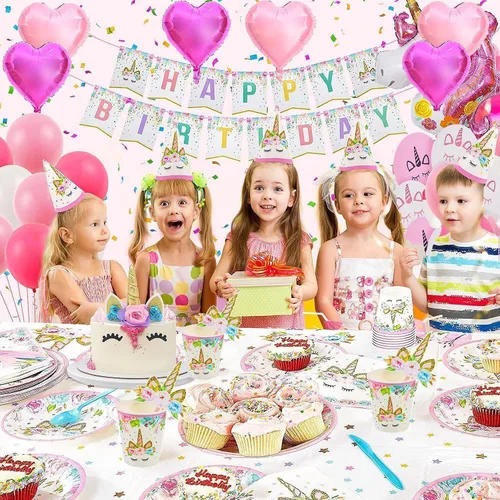 Miniatura 6 de suministros de fiesta de cumpleaños incluyendo platos, tazas, popotes y manteles para fiesta de cumpleaños, servicio para 16 invitados