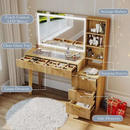 Miniatura 3 de Escritorio de maquillaje estriado: escritorio de tocador de maquillaje de roble de 48 pulgadas con espejo grande de 36 pulgadas y luces, tocador