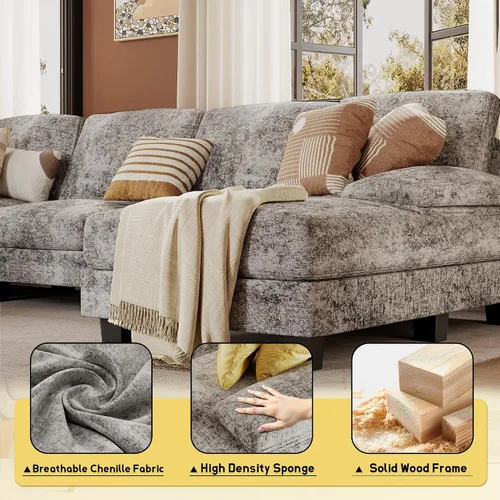 Miniatura 5 de JUMMICO Sofás Seccionales para Sala de Estar, Sofá en Forma de U con Tela de Chenilla, Sofá Moderno de 4 Asientos con Almohadas Removibles para Gris