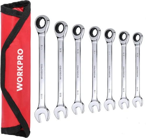 WORKPRO Juego de llaves combinadas de trinquete de 7 piezas, 72 dientes, construcción Cr-V, juego combinado de llaves de trinquete con bolsa