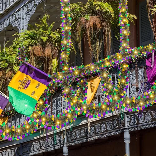Miniatura 6 de Guirnalda de oropel de Mardi Gras de 20 pies/19.7 ft con luces LED, guirnalda metálica de oropel con pilas, guirnalda colgante de lámina colorida