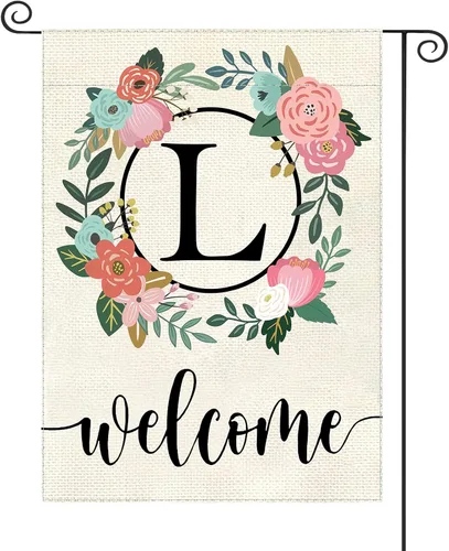 Miniatura 17 de Bandera de jardín con letra monograma, floral, 12 x 18 pulgadas, doble cara para exterior, pequeña de arpillera, familia, apellido, bandera inicial