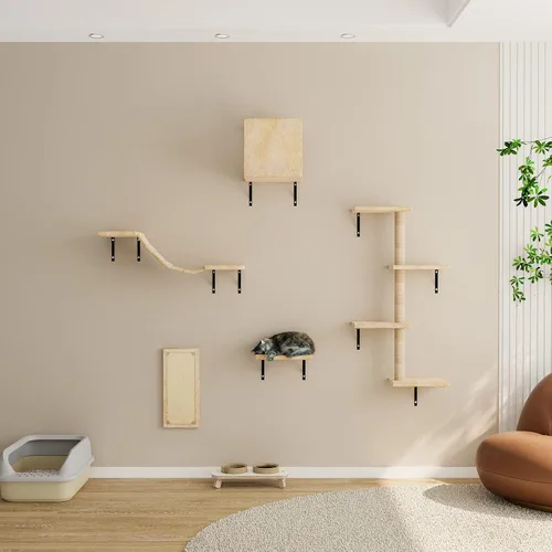 Miniatura 2 de Muebles montados en la pared de árbol para gatos, estantes de escalada para jugar con gatitos y relajarse, incluye tabla de rascar, puente de Beige