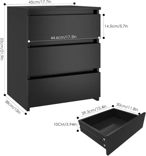 Miniatura 3 de FOTOSOK Mesita de noche negra con 3 cajones, mesita de noche negra para dormitorio con asa recortada, mesa auxiliar de sofá con 3 cajones