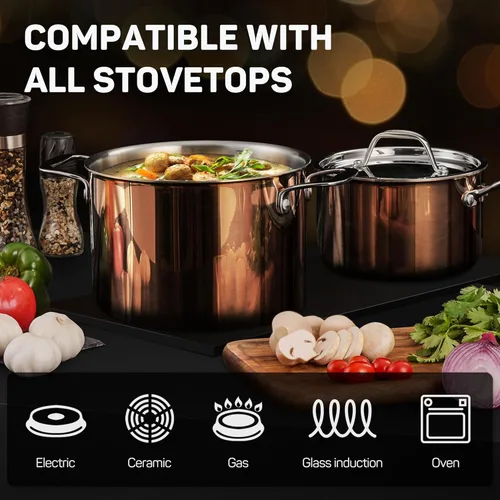 Miniatura 3 de Ciwete Juego completo de utensilios de cocina de acero inoxidable 18/10 de triple capa, juego de 10 piezas de elegantes ollas y sartenes de cobre