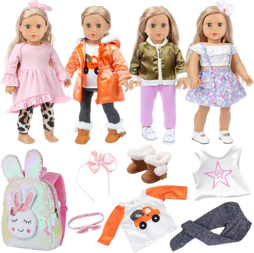 Ecore Fun 4 juegos de ropa y zapatos de muñeca de 18 pulgadas y bolsa linda para niños, ropa casual para muñecas de 18 pulgadas con banda para el