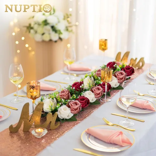 Miniatura 2 de NUPTIO Centros de mesa de flores artificiales para mesas, 6 unidades, color borgoña, rosa polvorienta y blanco cremoso, arreglos de rosas falsas