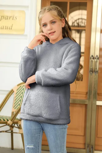 Miniatura 4 de Haloumoning - Sudadera con capucha de vellón mullido y bolsillos, sudadera holgada y casual para niñas de 4 a 15 años