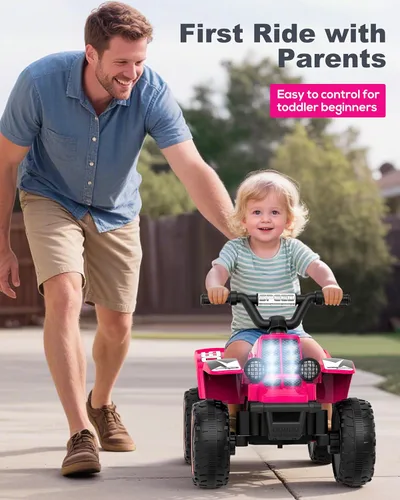 Miniatura 6 de ANPABO Juguete ATV de 6 V 7AH para niños, 4 ruedas para niños pequeños con faro, adelante y atrás, bocina, reproductor de música, USB, MP3, Rosa