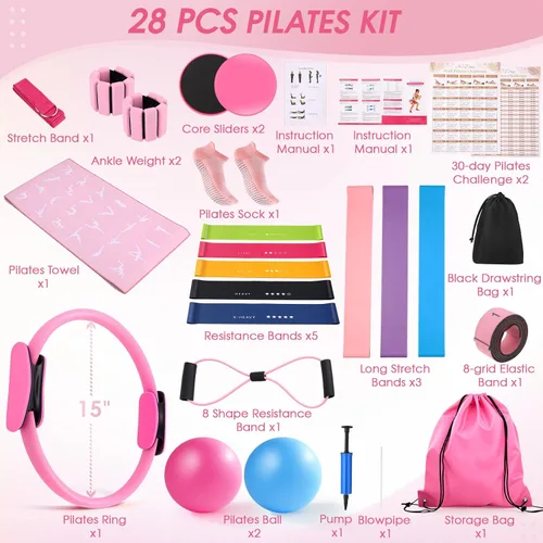 Miniatura 8 de Equipo de pilates, kit de pilates con anillo de pilates de 15 pulgadas, 2 bolas de 9.8 pulgadas, bandas de resistencia, pesas de tobillo