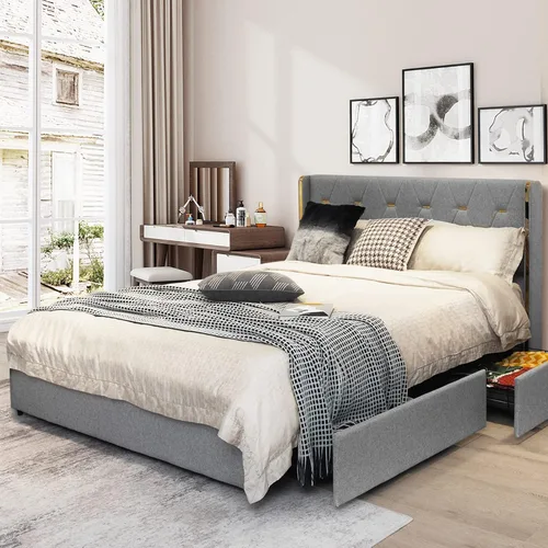 Miniatura 9 de KOTEK Base de cama tapizada de tamaño matrimonial con 4 cajones, base de cama de plataforma con cabecera copetuda con botones y soporte de listones