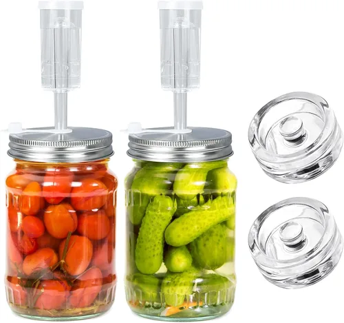 Kit de fermentación – 2 tapas mejoradas y 2 pesos de vidrio para tarros Mason de boca ancha de 3.386 in, fabricación y almacenamiento de chucrut