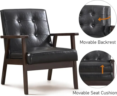 Miniatura 8 de Bonzy Home - Sillón de acento de cuero sintético estilo mitades de siglo moderno para sala de estar Silla con estructura de madera sólida y Negro