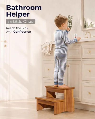 Miniatura 5 de FANATU Taburete de madera de dos escalones, escalera resistente de 2 escalones para adultos y niños, soporta hasta 450 libras para uso en cocina