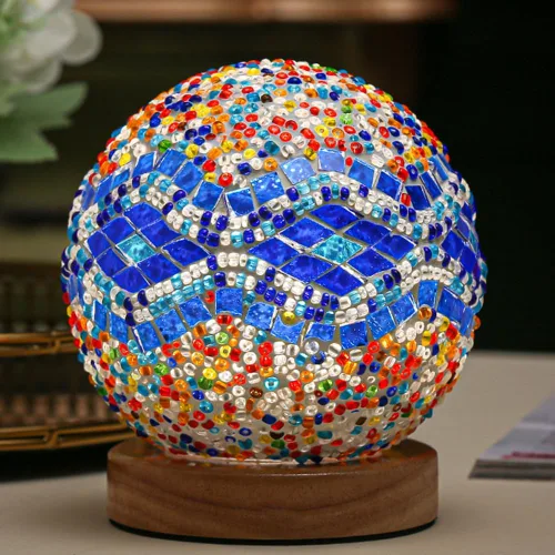 Miniatura 6 de Lámpara de mesa turca (D: 4.7 pulgadas x 5.2 pulgadas de alto), lámparas de mosaico de vidrio con base de madera, lámparas de noche Tiffany