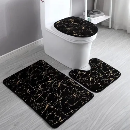 Juego de 3 alfombras y tapetes de baño antideslizantes de mármol negro dorado, suave, lavable, absorbente de agua, con contorno en forma de U y tapa