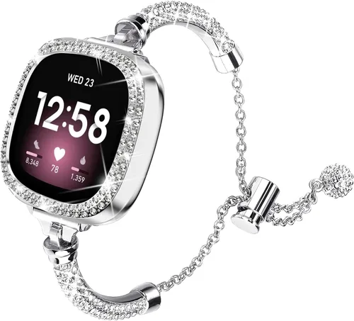 Miniatura 4 de Correa de reloj brillante compatible con Fitbit Versa 4/Fitbit Sense 2 para mujer, correa ajustable de aleación de cristal con diamantes