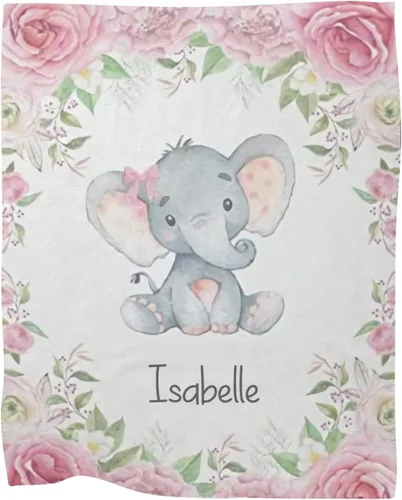Manta de forro polar súper suave para bebé niña con nombre personalizado y diseño de elefante rosa para cumpleaños de niño y niña, 30 x 40 pulgadas