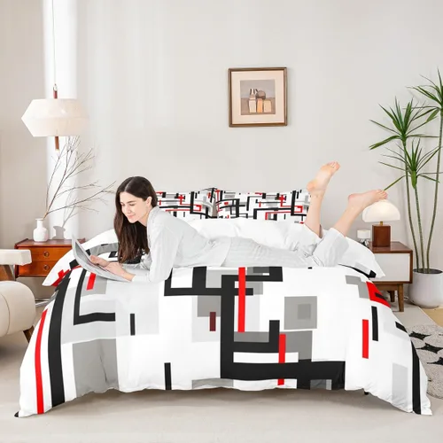 Miniatura 2 de Juego de ropa de cama de líneas negras, rojas y grises, tamaño individual para habitación de niños y niños, juego de funda de edredón con costuras