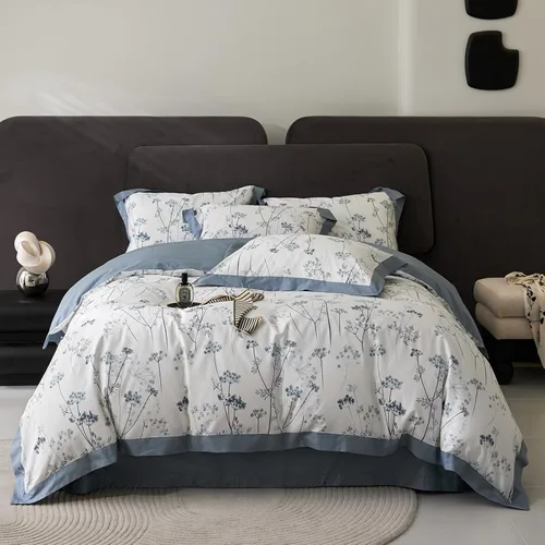 Miniatura 73 de Juego de funda de edredón blanca con estampado floral azul, juego de ropa de cama de algodón suave estilo bohemio, juego de ropa de cama estética