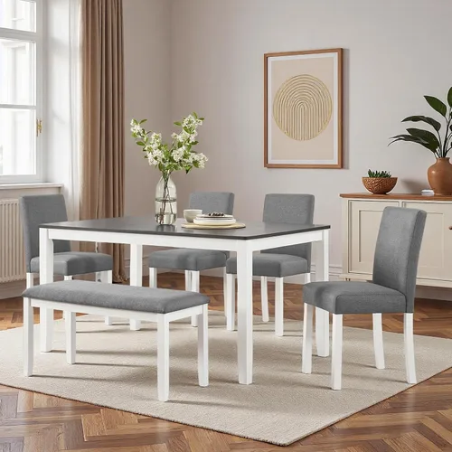 Miniatura 20 de Juego de mesa de comedor para 4, juego de mesa de comedor de 5 piezas con mesa cuadrada y 4 sillas tapizadas de tela de lino, modernos