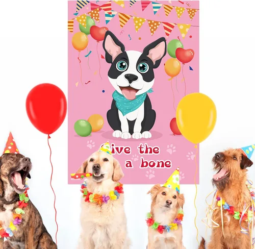 Miniatura 6 de Fowecelt Juego de fiesta Pin The Bone on The Dog con 48 piezas de hueso, vendas de ojos, póster y adhesivos para suministros de fiesta de cumpleaños