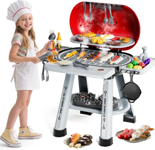 Miniatura 9 de Juego de parrilla para niños pequeños de 3 a 5 años, juguete de cocina de barbacoa al aire libre de 2 capas con humo, luces y sonidos, juego