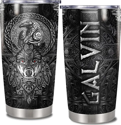 Miniatura 9 de Vaso vikingo personalizado estilo bandera de Estados Unidos, nombre personalizado, doble pared aislada al vacío, taza de 20 onzas, 30 onzas