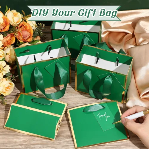 Miniatura 4 de Yeaqee 50 mini bolsas de regalo de papel de aluminio metálico con asas de 4 x 4.75 x 2.25 pulgadas, pequeña bolsa de agradecimiento con etiqueta