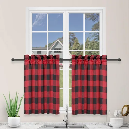 Simple Deluxe Buffalo Check - Cortinas de cocina a cuadros, cortina pequeña a cuadros para ventanas de media cafetería, 26 pulgadas de ancho x 24