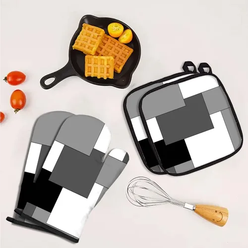 Miniatura 4 de MCALK Juego de 5 piezas de manoplas de horno geométricas grises y agarraderas, guantes de horno grises y almohadillas térmicas para cocinar