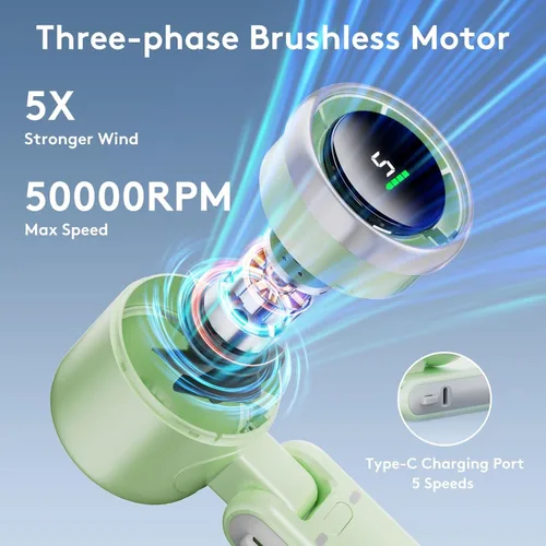 Miniatura 2 de Mini ventilador portátil de mano, potente ventilador turbo plegable, batería de 10000 mAh y velocidad de 50000 RPM, ventiladores personales Verde