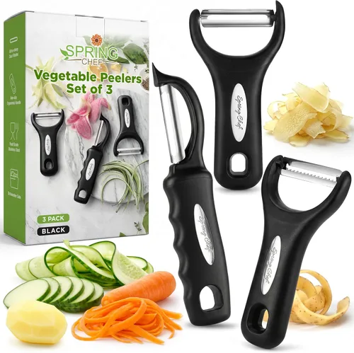 Spring Chef Peladores de Verduras de Acero Inoxidable Giratorios, Y & Julienne para Cocina, Peladores de Papas con Mangos de Agarre Suave, Juego de