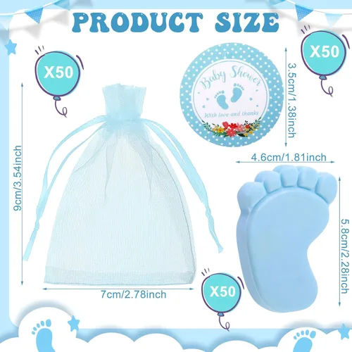 Miniatura 2 de 50 juegos de recuerdos de baby shower, pies de bebé hechos a mano, jabón perfumado, regalos para invitados, regalos con bolsas de organza y Azul