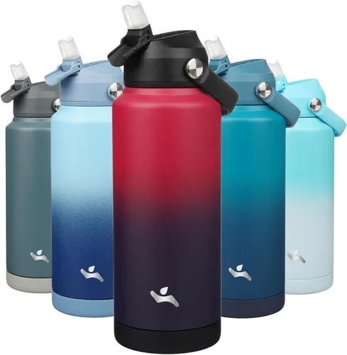 Miniatura 49 de Konokyo Botella de agua aislada con tapa de pajilla, botella de metal al vacío de acero inoxidable de 18 onzas con mango de silicona, color negro
