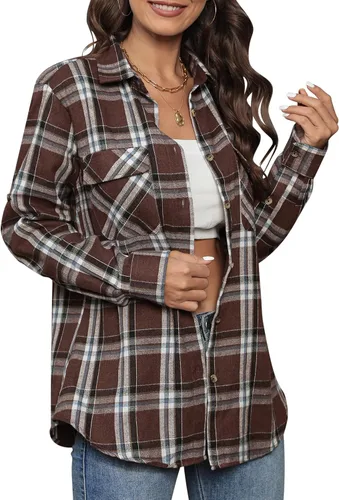 Miniatura 2 de siliteelon Camisas de franela a cuadros para mujer, de manga larga, con botones, de algodón, estilo novio, informal, con puños